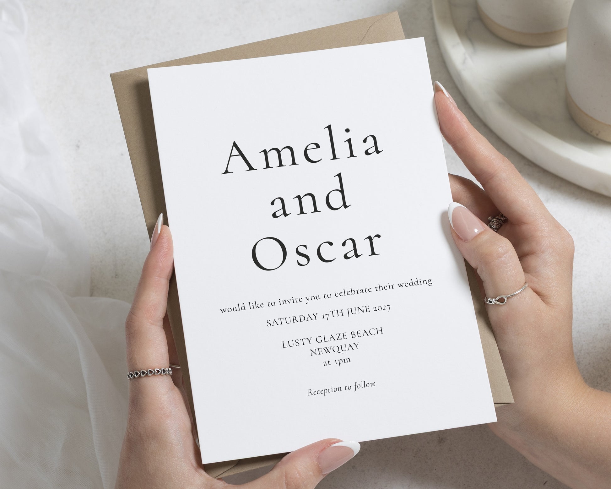 Minimalist Wedding Invitations, Elegant Typography Wedding Invite, Black and White Beach Wedding Stationery, Personalised Invitation Suite