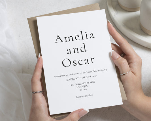 Minimalist Wedding Invitations, Elegant Typography Wedding Invite, Black and White Beach Wedding Stationery, Personalised Invitation Suite
