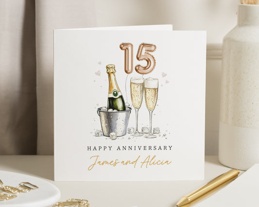 15th Anniversary Card, Personalised Anniversary Card, Champagne Card, Anniversary Card for Couple, Custom Card for Him and Her