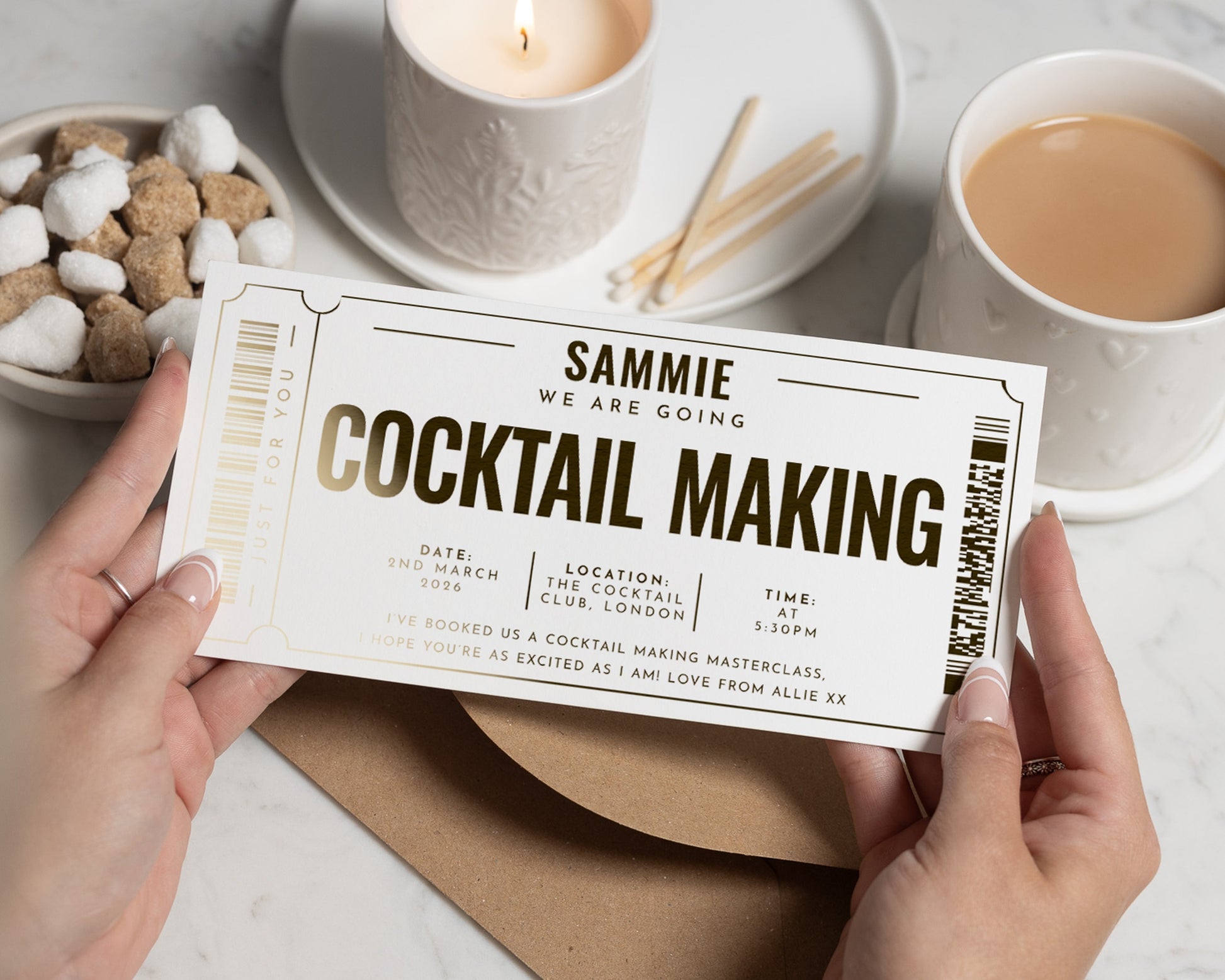 Personalised Cocktail Making Gift Voucher, Cocktail Experience, Gold Foil Ticket, Custom Gift For Her, Birthday Gift