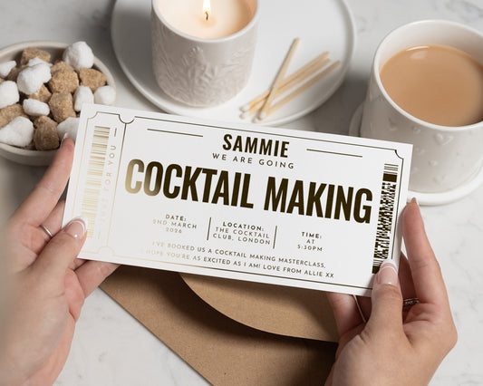Personalised Cocktail Making Gift Voucher, Cocktail Experience, Gold Foil Ticket, Custom Gift For Her, Birthday Gift