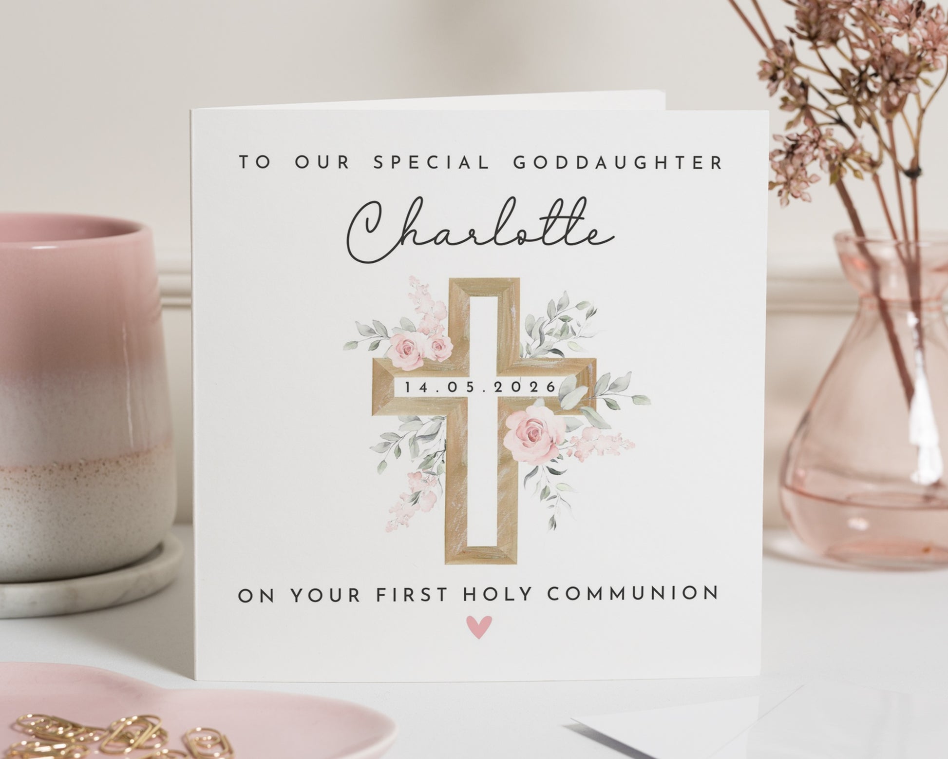 First Holy Communion Card for Goddaughter, Personalised Communion Card, Floral Cross Card, Special Goddaughter Card