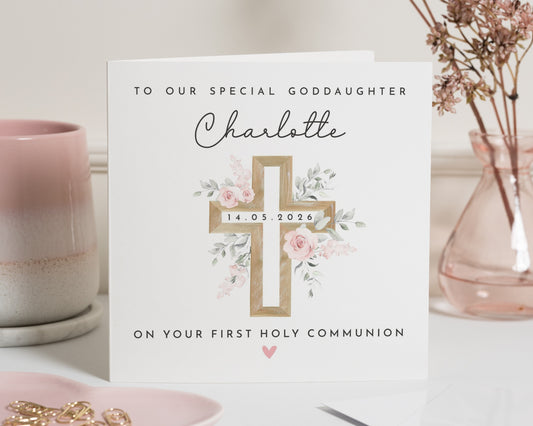 First Holy Communion Card for Goddaughter, Personalised Communion Card, Floral Cross Card, Special Goddaughter Card