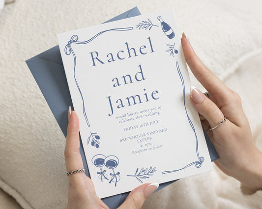 Olive Wedding Invitations, Blue Vineyard Wedding Invites, Italian Destination Wedding Stationery, Personalised Invitation Suite