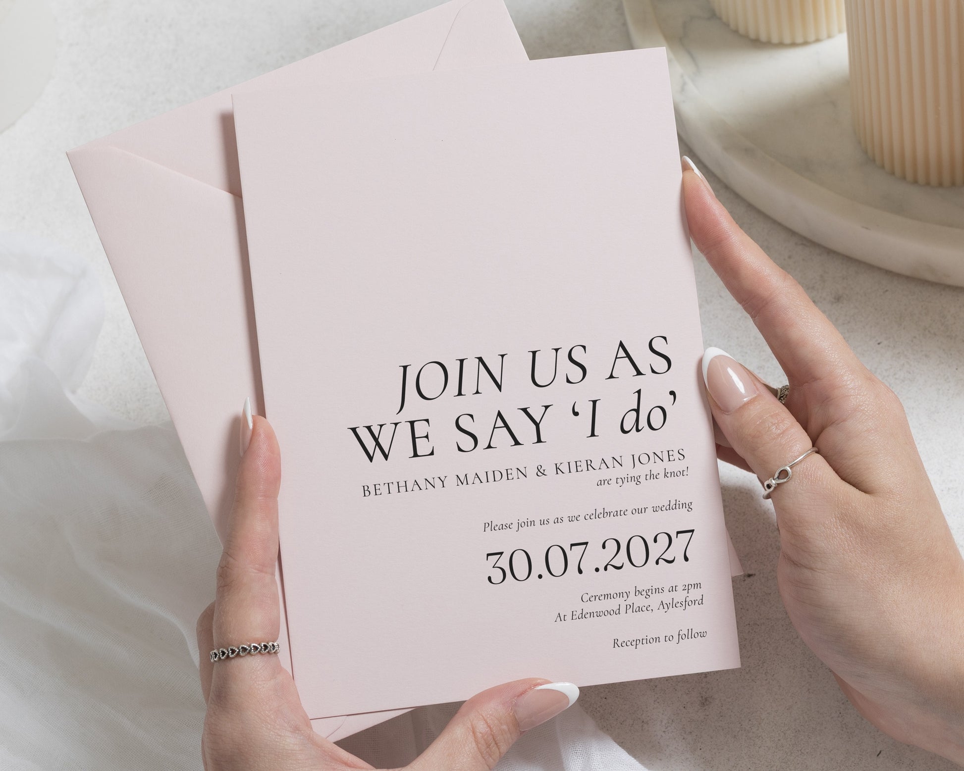 Blush Pink Wedding Invitations, Minimalist Typography Wedding Invites, Elegant Personalised Wedding Invitation Suite