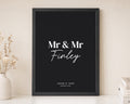 Personalised Mr and Mr Wedding Print, Black Wall Art, Same Sex Couple Gift, Anniversary Gift, Modern Portrait Framed Print