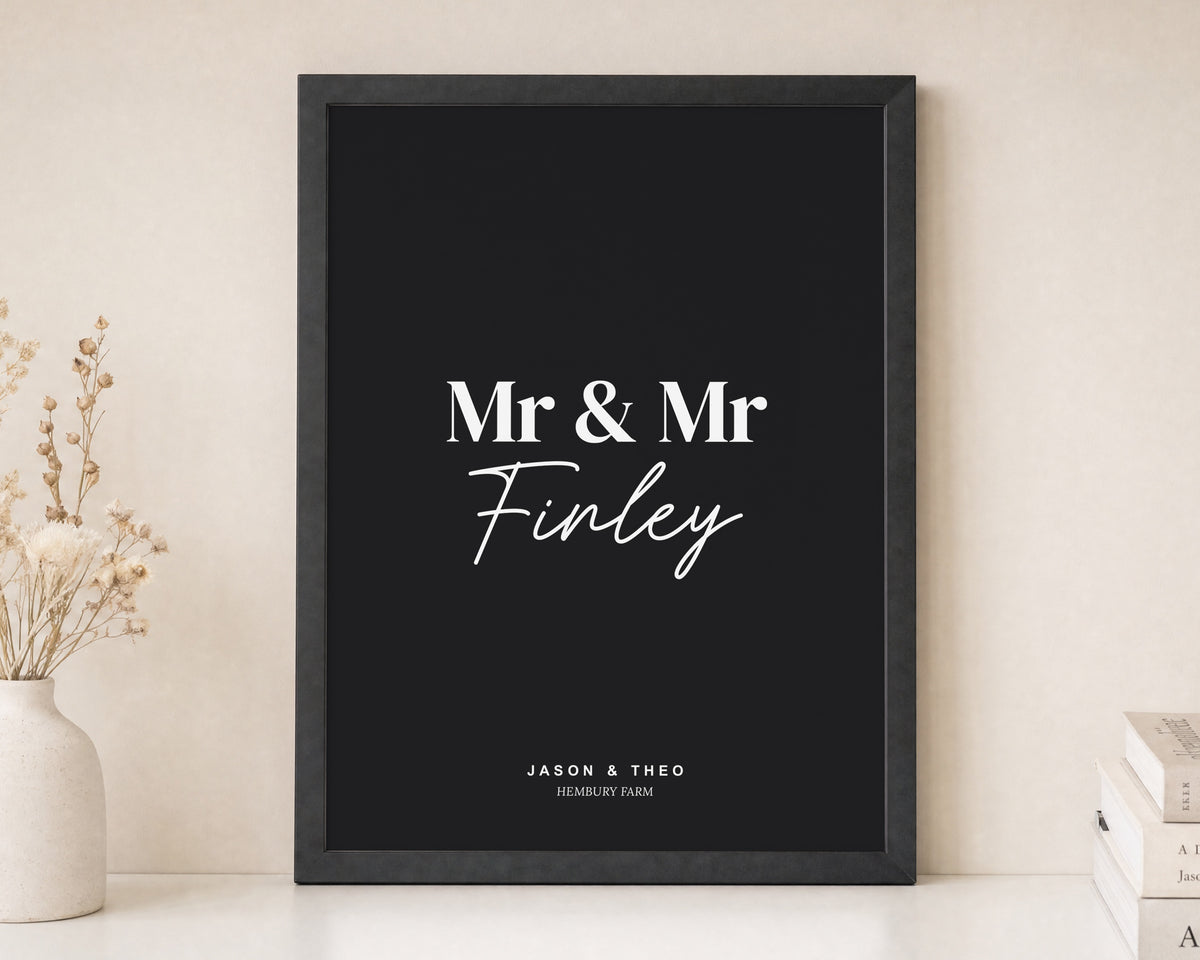 Personalised Mr and Mr Wedding Print, Black Wall Art, Same Sex Couple Gift, Anniversary Gift, Modern Portrait Framed Print