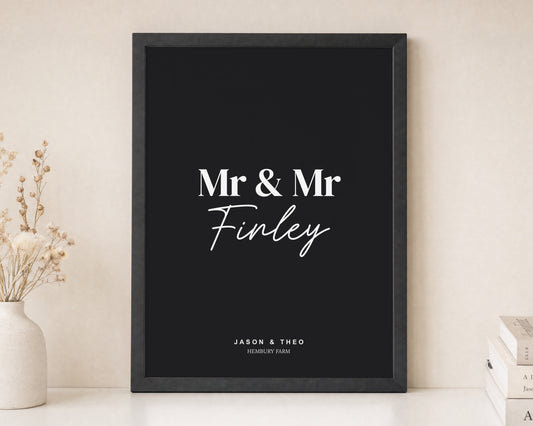 Personalised Mr and Mr Wedding Print, Black Wall Art, Same Sex Couple Gift, Anniversary Gift, Modern Portrait Framed Print