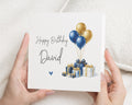Birthday Card for Him, Personalised Birthday Card, Blue and Gold Balloons, Birthday Card for Dad, Son, Husband, Custom Name Birthday Card
