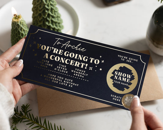 Personalised Concert Ticket Gift, Concert Reveal Card, Scratch To Reveal, Birthday Gift For Him Or Her, Gold Foil Voucher