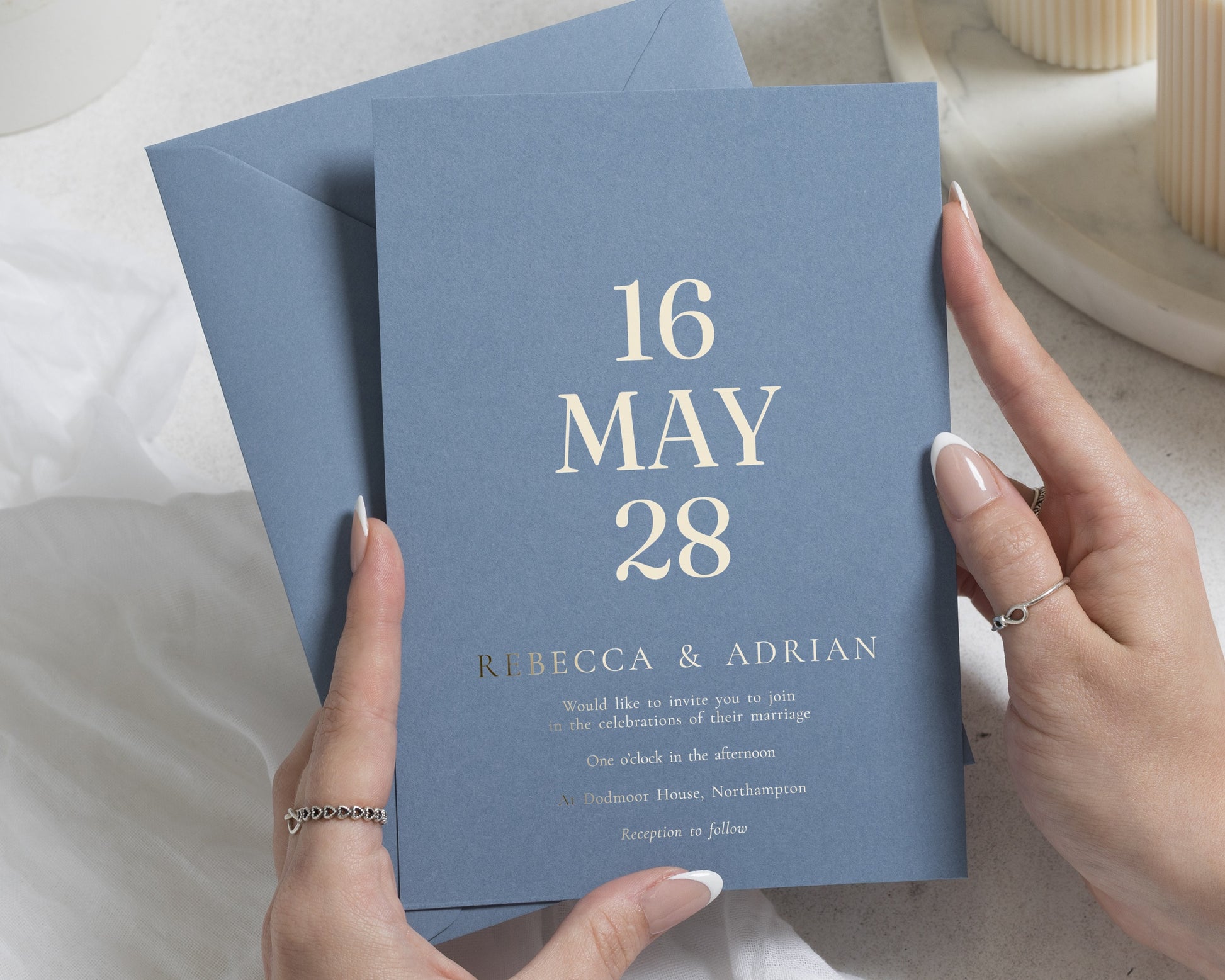 Gold Foil Wedding Invitations, Dusty Blue Minimalist Wedding Invite, Elegant Typography Invitation, Personalised Wedding Stationery