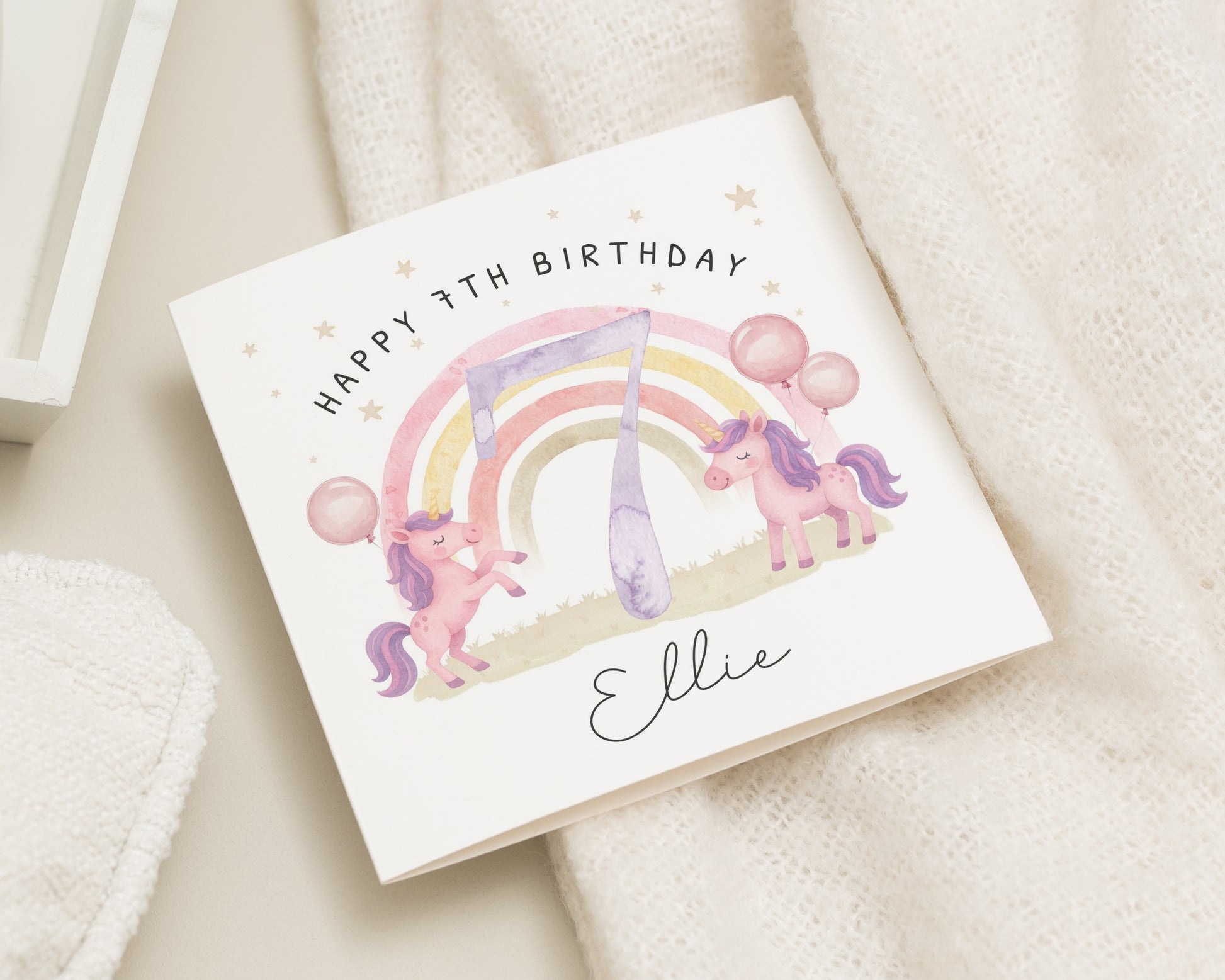 7th Birthday Card for Girl, Personalised Unicorn Birthday Card, Girls Birthday Card, Daughter Granddaughter Niece, Rainbow Card for Kids
