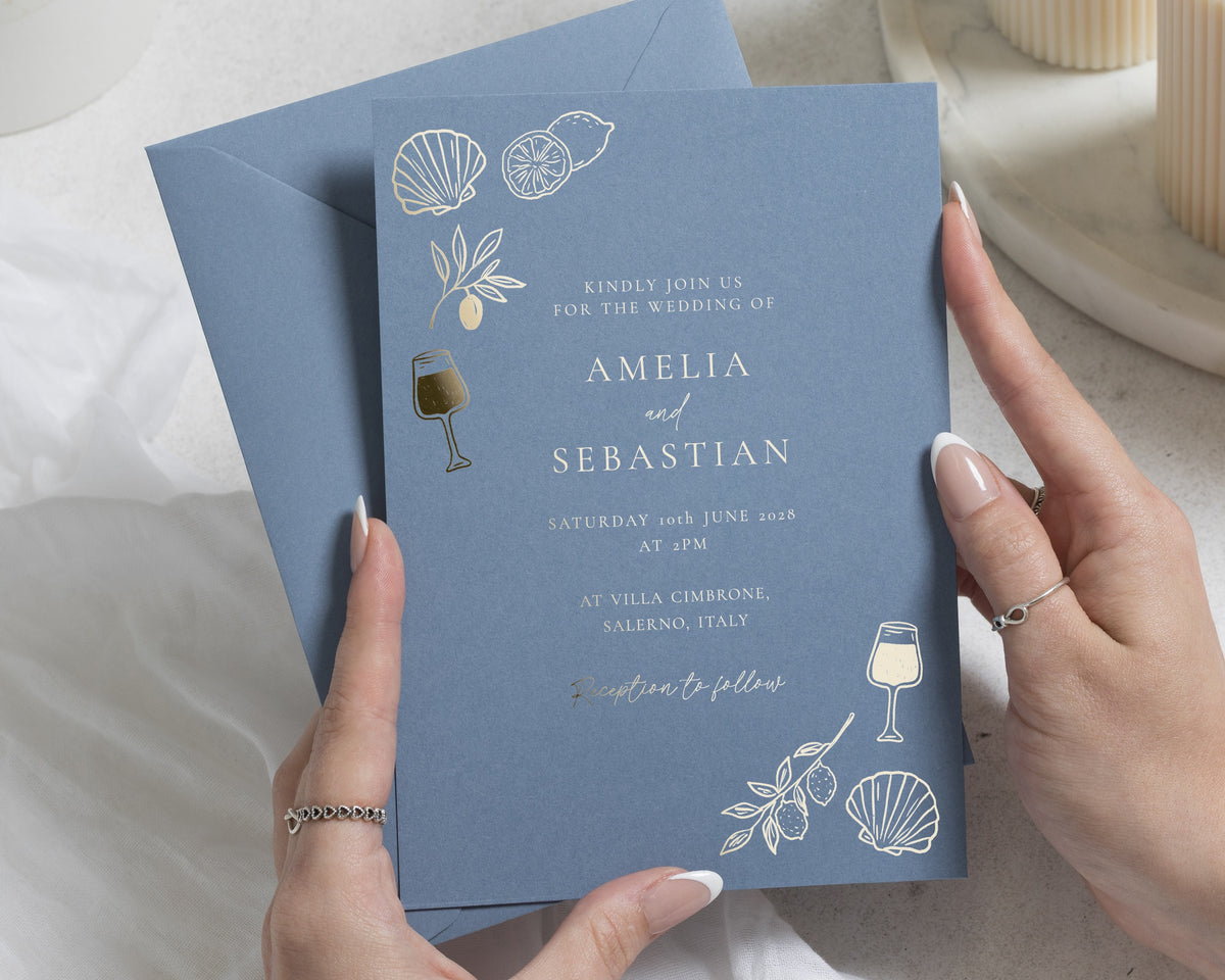 Personalised Gold Foil Destination Wedding Invitations, Mediterranean Wedding Invite, Slate Blue Italian Wedding Stationery