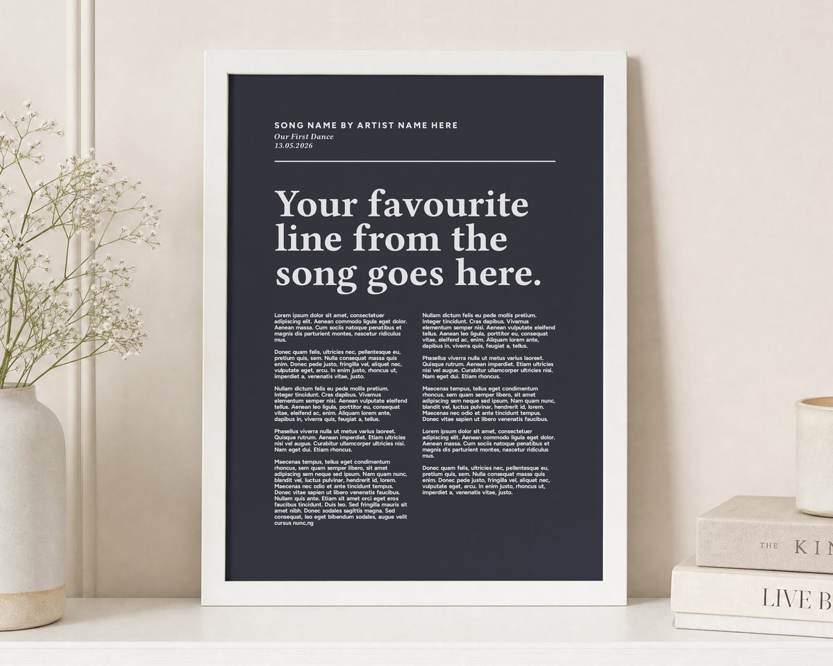 Personalised Song Lyrics Print, First Dance Song Wall Art, Black Typography Print, Wedding Gift, Anniversary Gift, White Frame