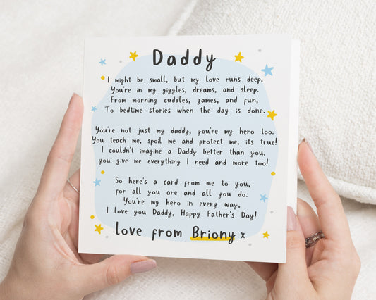 Fathers Day Card, Personalised Daddy Card, Fathers Day Card from Child, Card from Daughter, Poem Card for Dad, Daddy Fathers Day Card