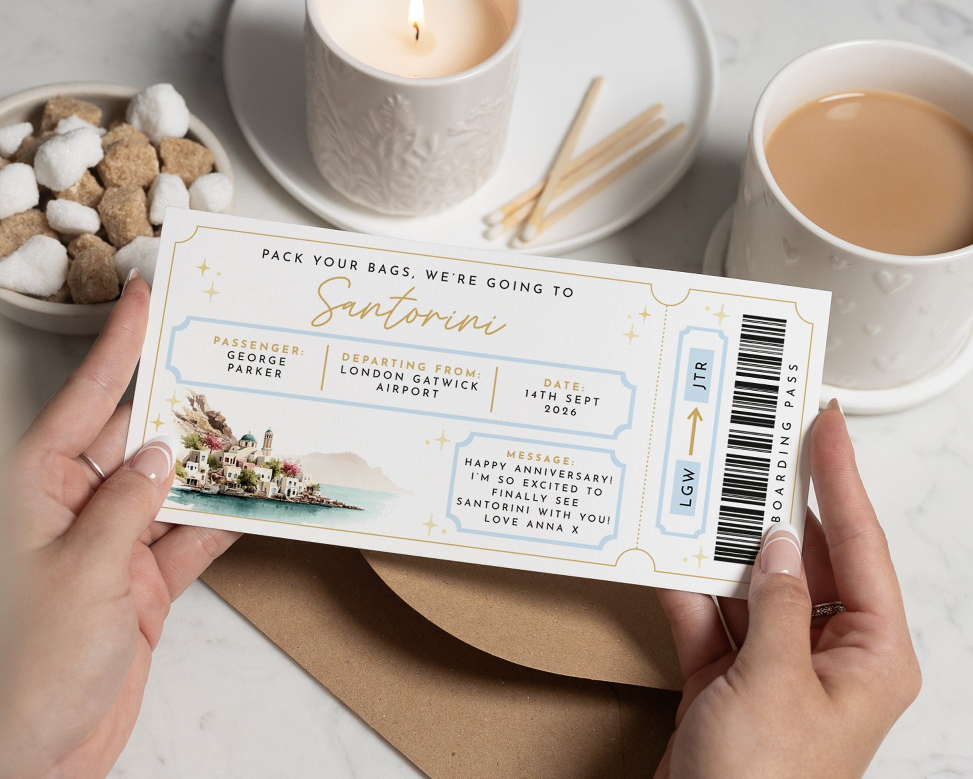 Personalised Holiday Reveal Ticket, Boarding Pass Gift Voucher, Pack Your Bags Gift, Custom Holiday Voucher, Santorini Surprise