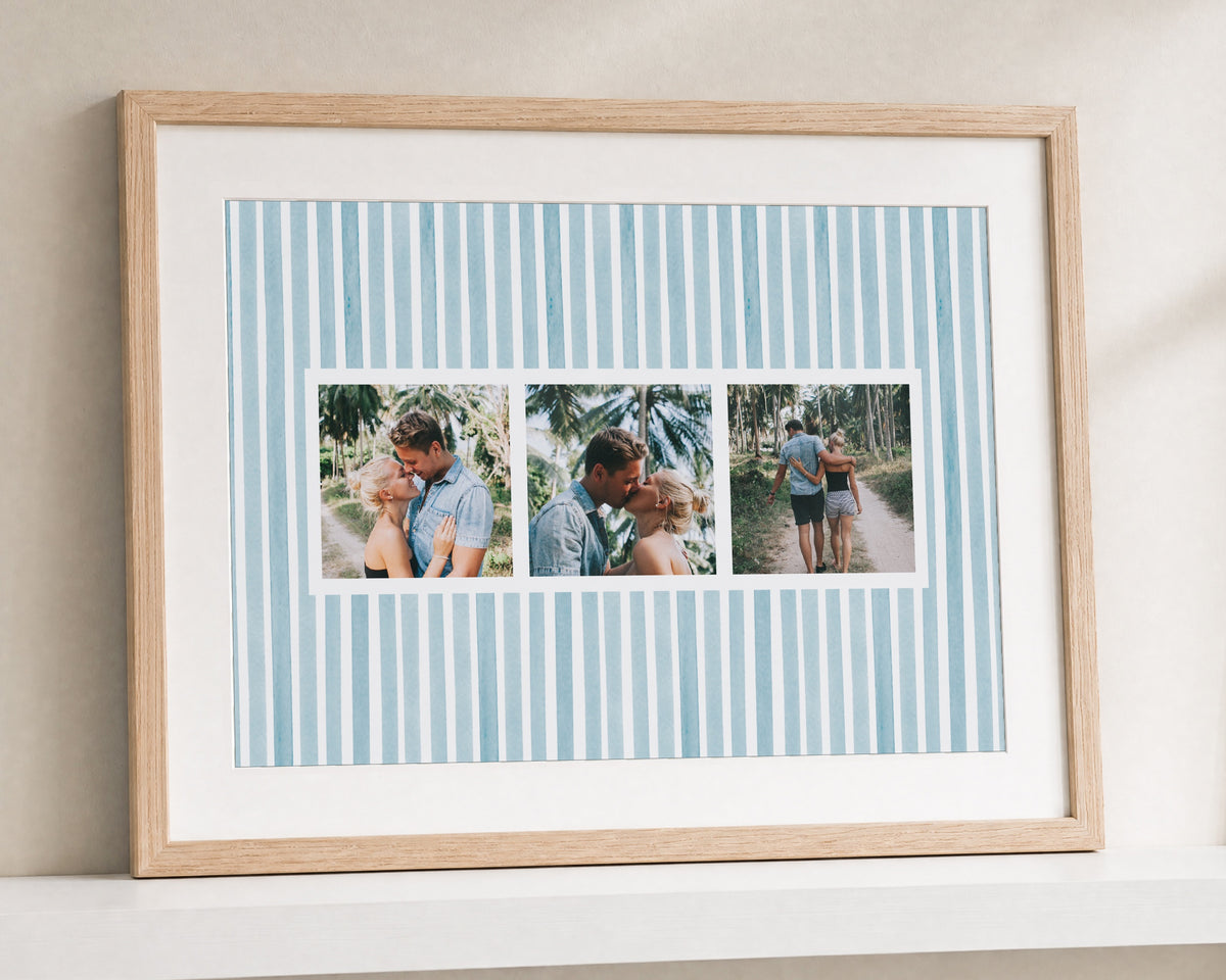 Personalised 3 Photo Collage Print, Custom Print From Your Photos, Blue Striped Wall Art, Anniversary Gift for Couple, Oak Framed Print