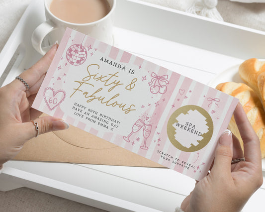60th Birthday Gift Voucher for Her, Spa Weekend Scratch to Reveal, Personalised Gift Experience, Birthday Surprise Card