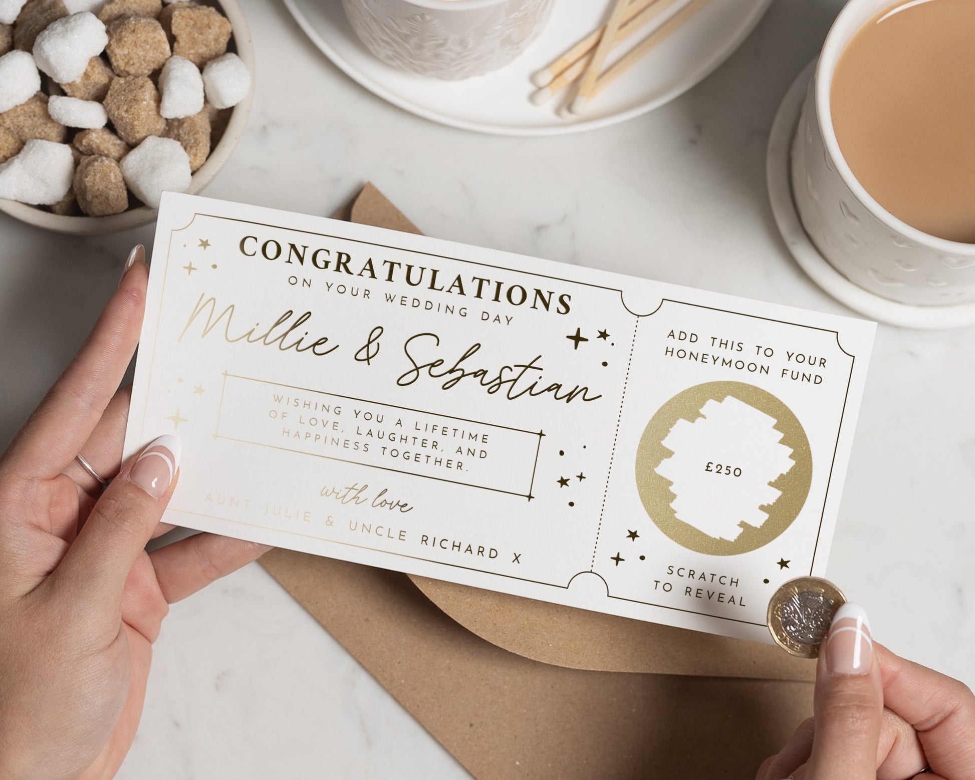 Personalised Wedding Gift Voucher, Honeymoon Fund Card, Scratch To Reveal, Gold Foil, Custom Wedding Card