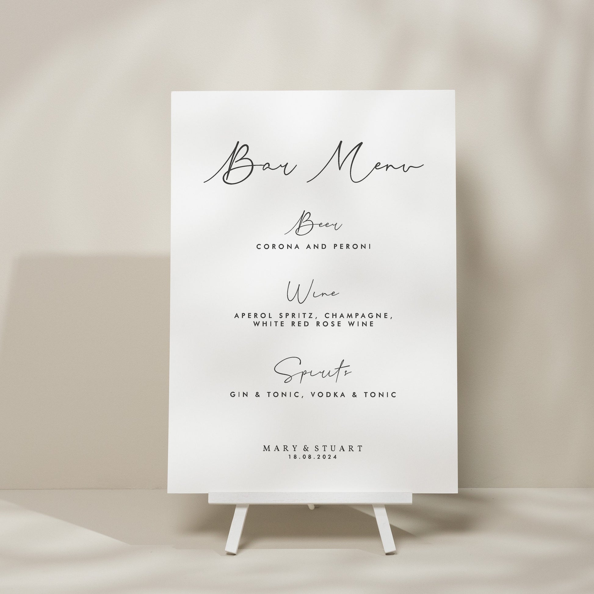 Simple Modern Wedding Bar Menu Sign, Calligraphy Wedding Signage, Minimalistic Drink Menu List Wedding Sign, Elegant Wedding Sign &#39;Mary&#39;