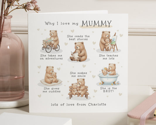 Mummy Birthday Card, Why I Love My Mummy Card, Birthday Card for Mum, Cute Bear Card, Personalised Card for Her, Mothers Day Card