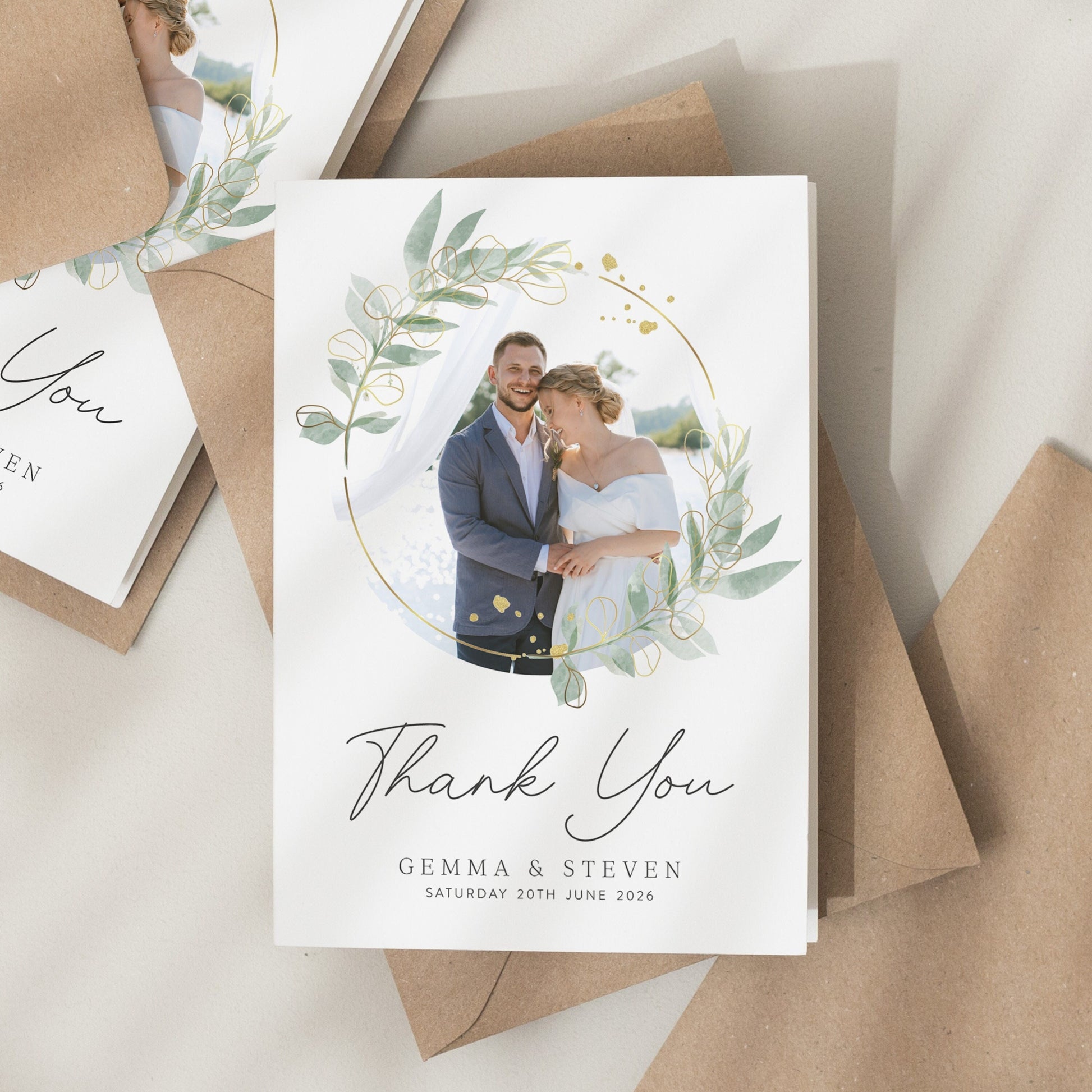 Floral Wedding Thank You Card, Thank You Cards With Photo, Folded Wedding Thank You, Greenery Thank You Card, Simple Wedding Card With Photo