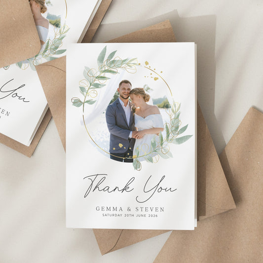 Floral Wedding Thank You Card, Thank You Cards With Photo, Folded Wedding Thank You, Greenery Thank You Card, Simple Wedding Card With Photo