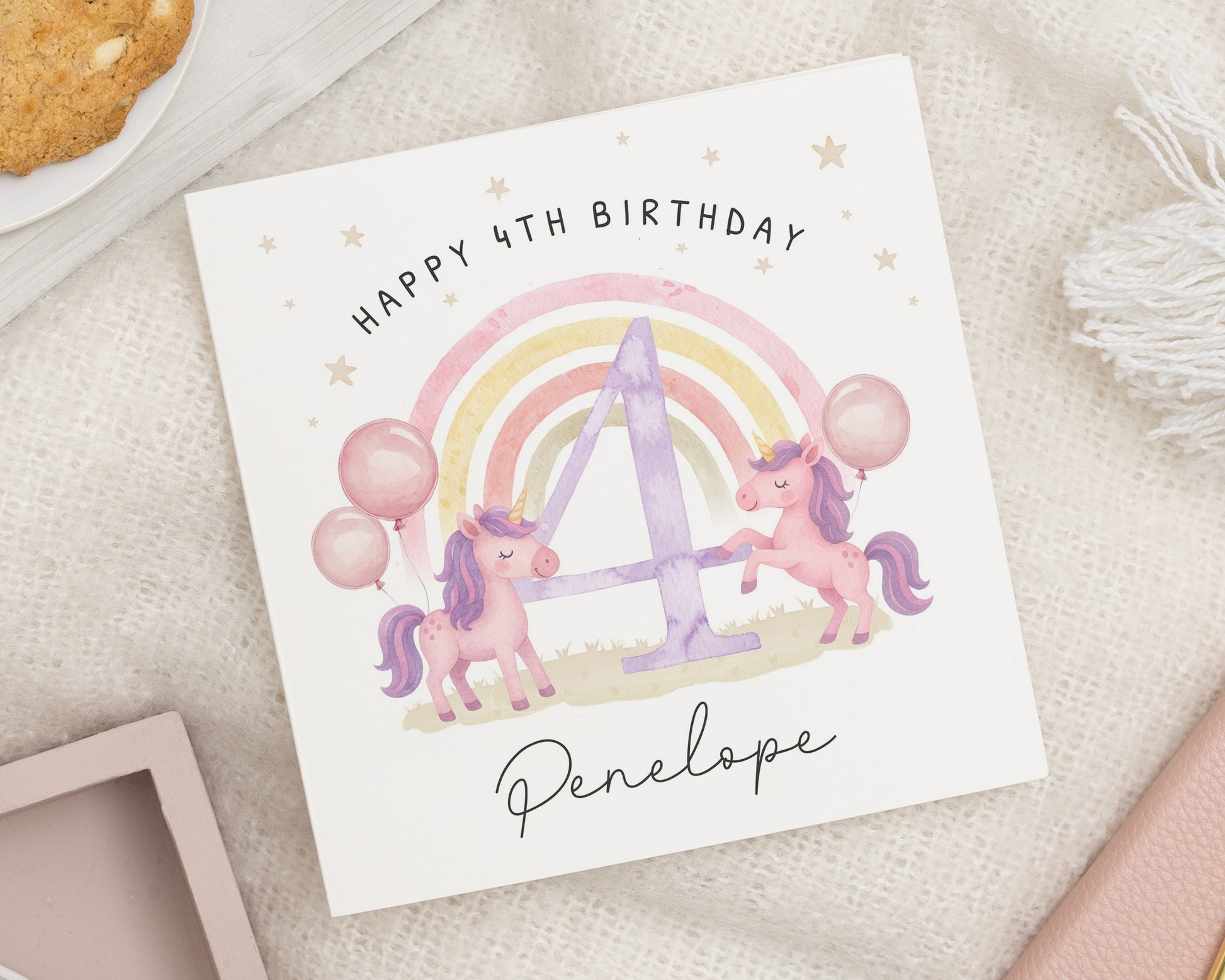 4th Birthday Card for Girl, Personalised Unicorn Birthday Card, Birthday Card for Daughter, Rainbow Birthday Card, Cute Birthday Card