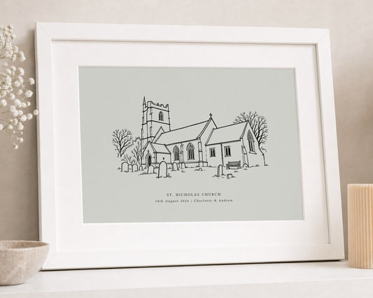 Personalised Wedding Venue Print from Your Photo, Custom Line Drawing Wall Art, Mint Green, Wedding or Anniversary Gift, 