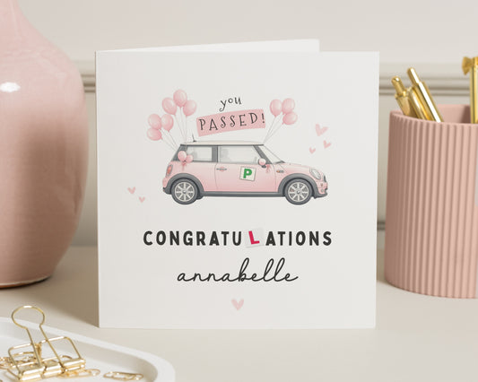 Driving Test Card, Passed Card, Personalised Congratulations Card, Cute Card for Her, Car Card for Girl