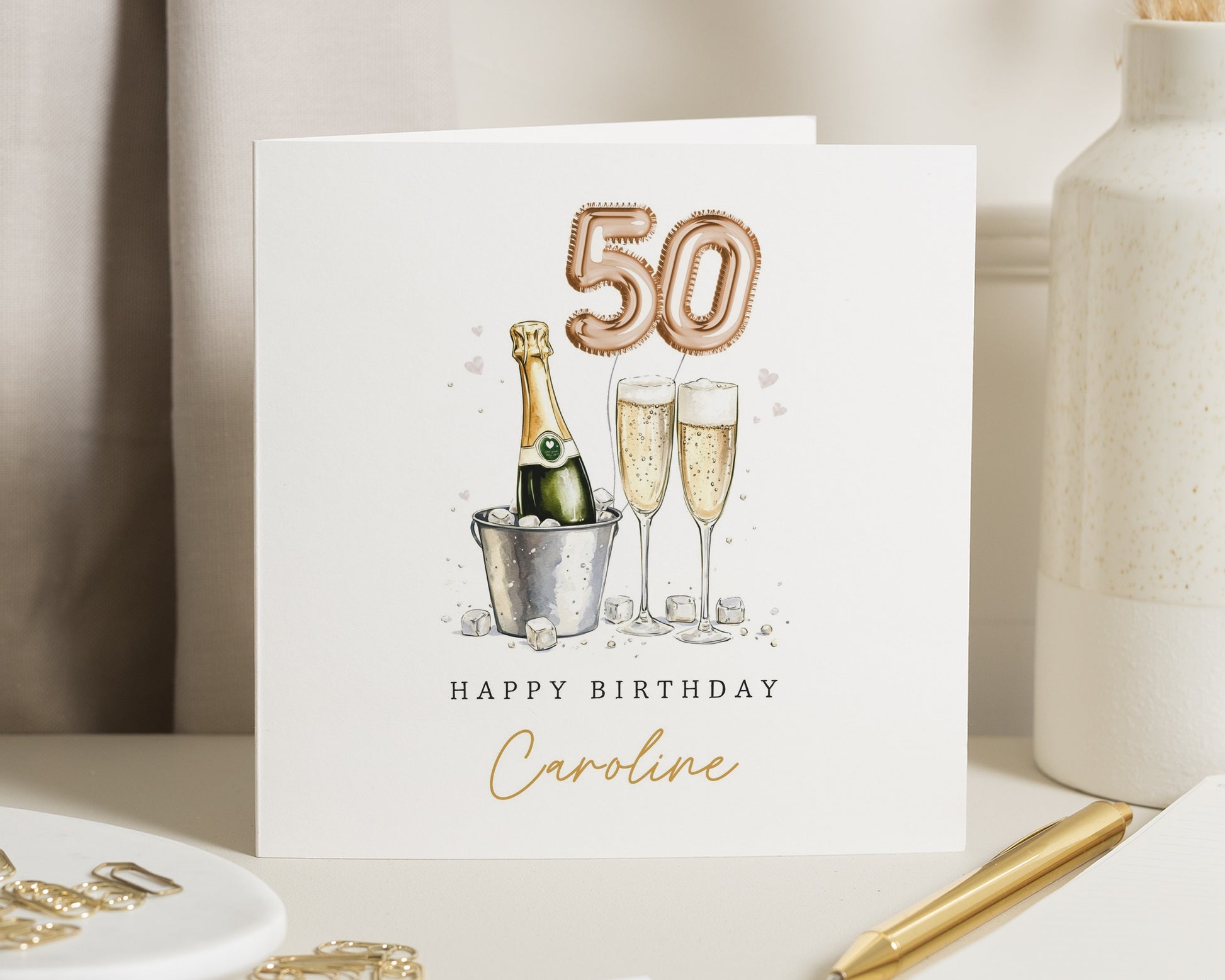 50th Birthday Card, Personalised Birthday Card, Champagne Card, Birthday Card for Her, Milestone Birthday Card, Printed Metallic Effect