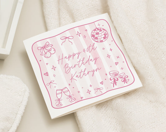40th Birthday Card for Her, Personalised Birthday Card, Birthday Card for Friend, Birthday Card for Mum, Sister, Wife, Cute Pink Card