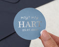Personalised Wedding Sticker, Mrs And Mrs Wedding Label, Custom Name Sticker, Silver Foil Wedding Sticker, Blue Wedding Envelope Seal