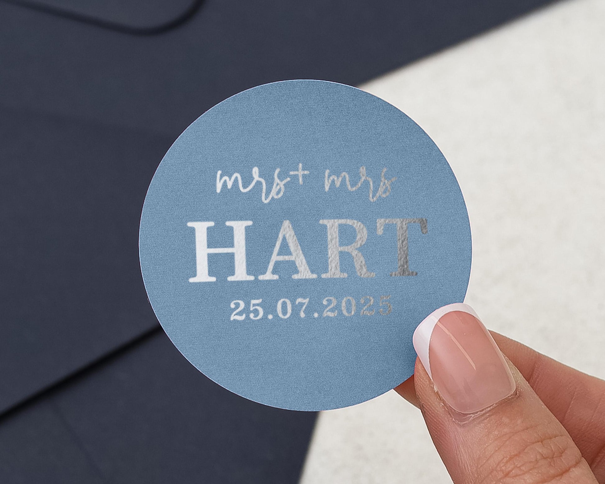 Personalised Wedding Sticker, Mrs And Mrs Wedding Label, Custom Name Sticker, Silver Foil Wedding Sticker, Blue Wedding Envelope Seal