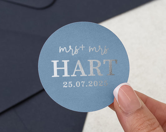 Personalised Wedding Sticker, Mrs And Mrs Wedding Label, Custom Name Sticker, Silver Foil Wedding Sticker, Blue Wedding Envelope Seal