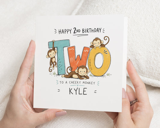 2nd Birthday Card, Personalised Birthday Card for Boy, 2nd Birthday Card for Girl, Monkey Birthday Card, Age Two Birthday Card