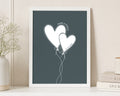 Personalised Couple Date Print, Teal Wall Art, Heart Balloon Line Art, Wedding Gift, Anniversary Gift, White Framed Print
