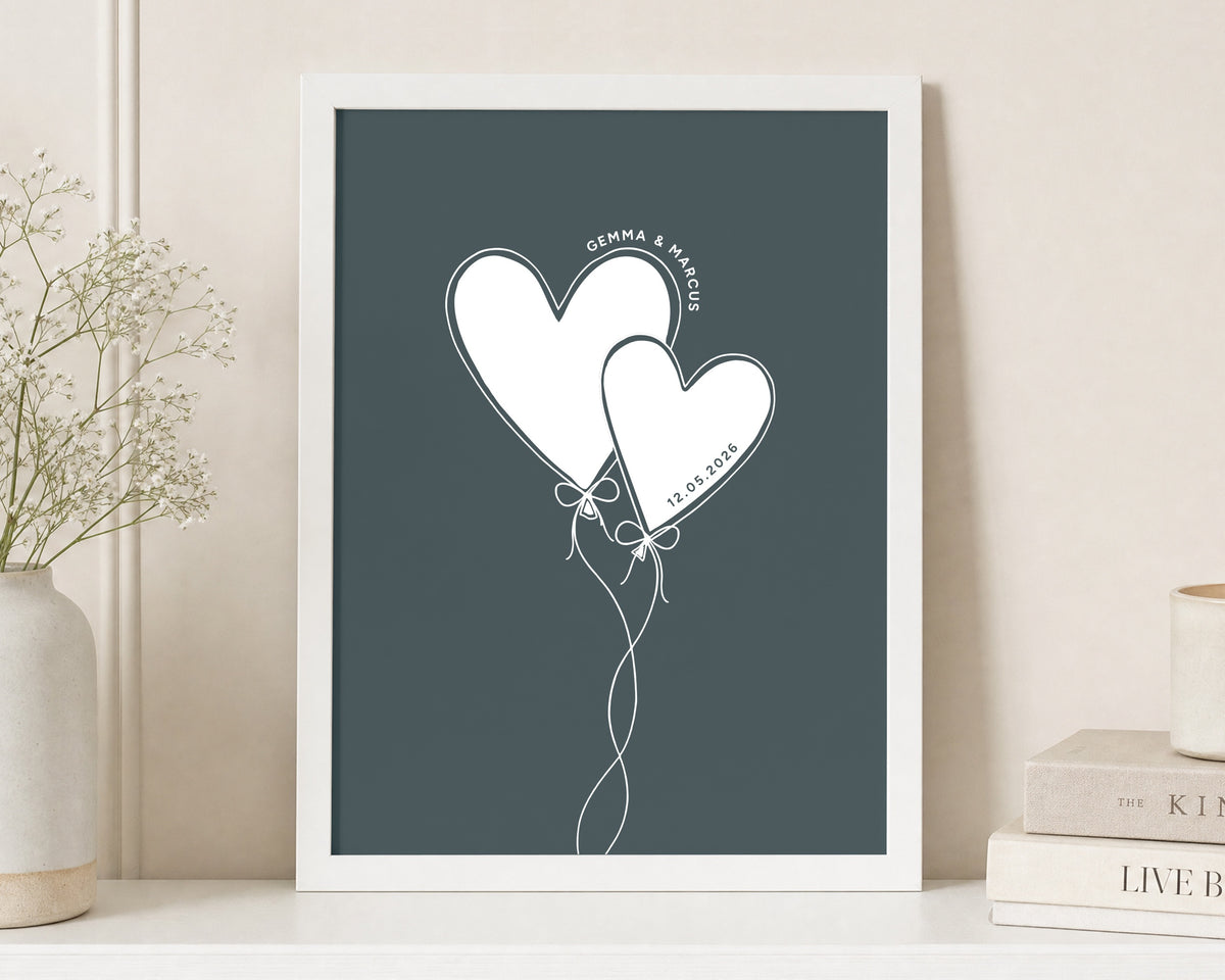 Personalised Couple Date Print, Teal Wall Art, Heart Balloon Line Art, Wedding Gift, Anniversary Gift, White Framed Print