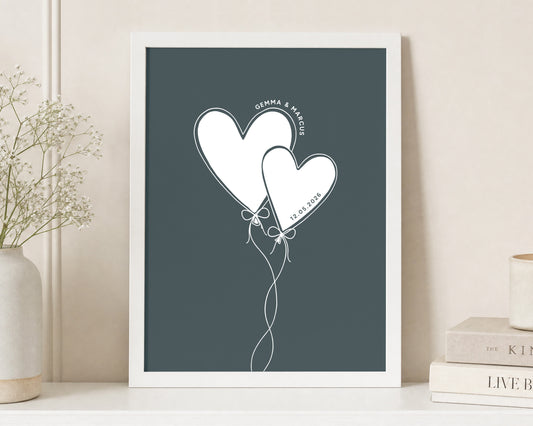 Personalised Couple Date Print, Teal Wall Art, Heart Balloon Line Art, Wedding Gift, Anniversary Gift, White Framed Print