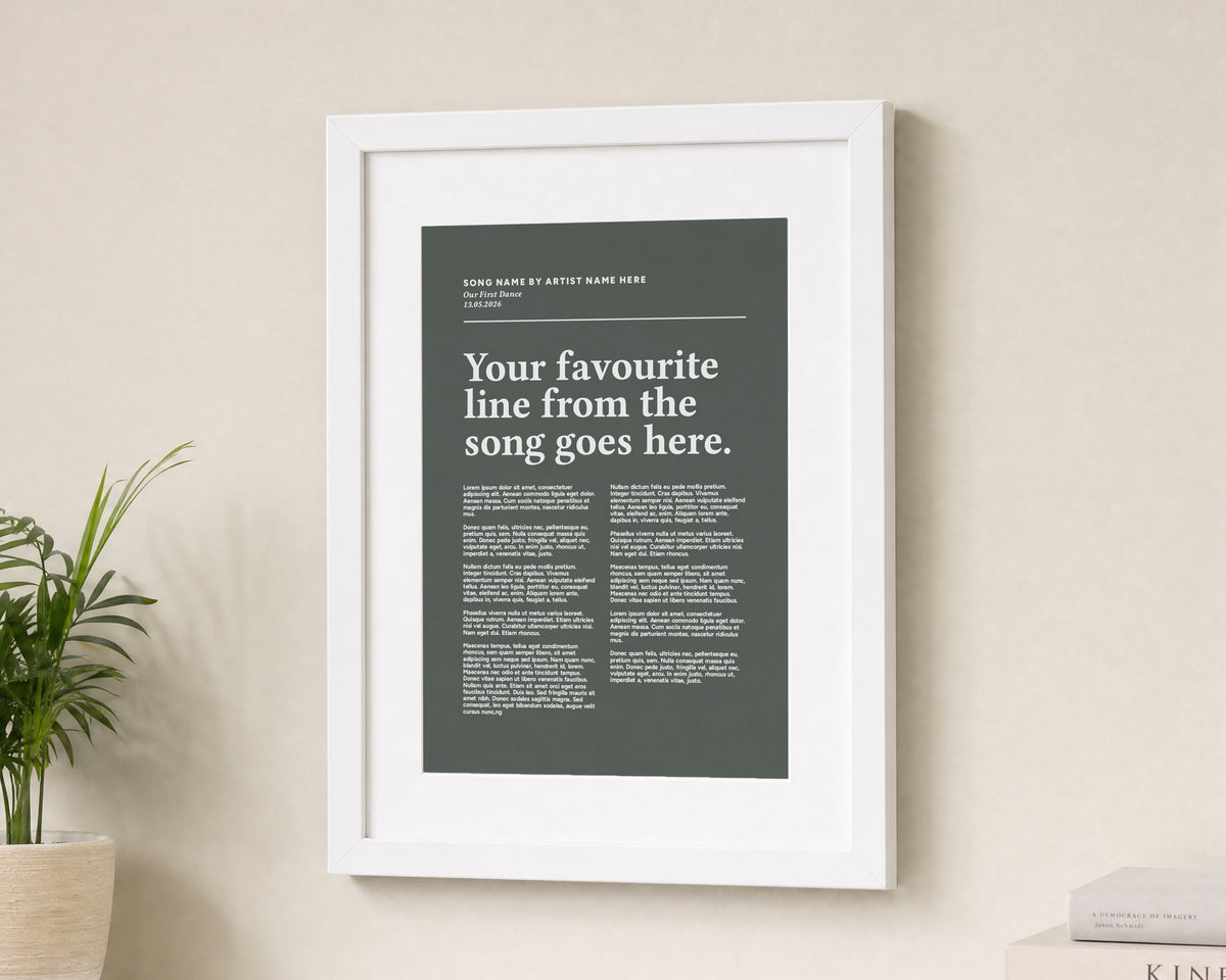 Personalised Song Lyric Print, First Dance Wedding Gift, Dark Green Wall Art, Anniversary Gift, Gift for Couple, Music Poster