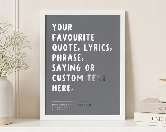 Personalised Silver Foil Song Lyrics Print, Custom Quote Wall Art, Charcoal Grey Wall Art, First Dance Wedding Gift for Couple