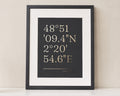 Personalised Gold Foil Coordinates Print, Black Wall Art, Wedding Gift for Couple, Anniversary Location Print, Portrait Framed Print