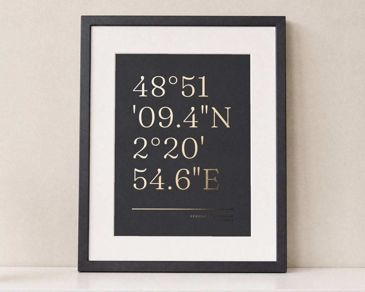 Personalised Gold Foil Coordinates Print, Black Wall Art, Wedding Gift for Couple, Anniversary Location Print, Portrait Framed Print