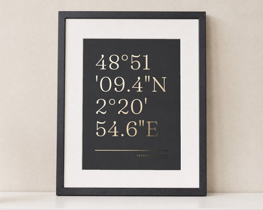 Personalised Gold Foil Coordinates Print, Black Wall Art, Wedding Gift for Couple, Anniversary Location Print, Portrait Framed Print