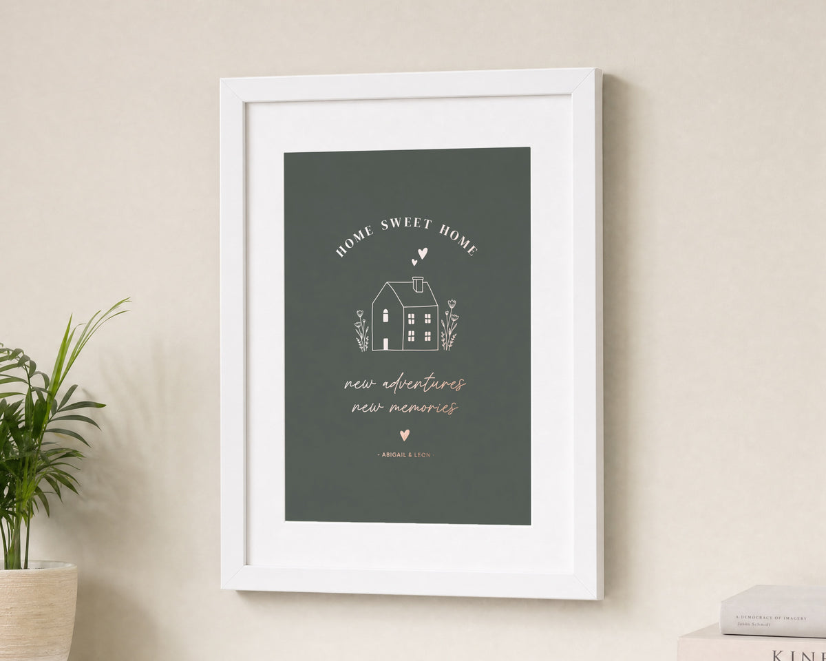 Personalised Rose Gold Foil New Home Print, Olive Green Wall Art, Housewarming Gift, Couple Gift, Home Sweet Home Art