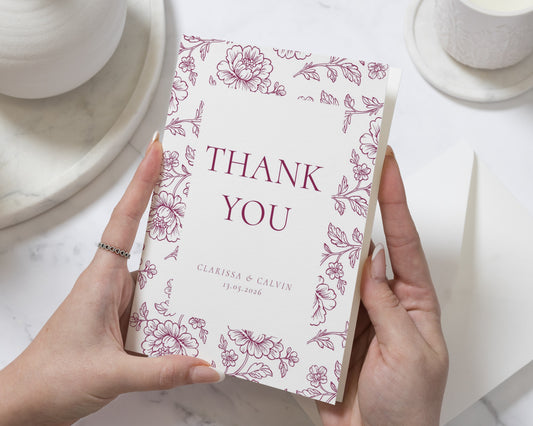 Personalised Wedding Thank You Cards, Wedding Thank You Cards, Floral Thank You Cards, Thank You Card for Wedding, Burgundy Folded Card