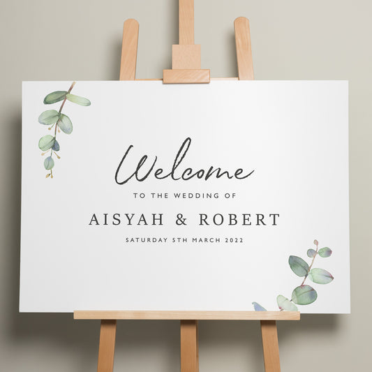 Wedding Welcome Sign, A1 Wedding Sign, Botanical Wedding Signage, Personalised Greenery Welcome Sign, Minimalist Wedding Design &#39;Aisyah&#39;