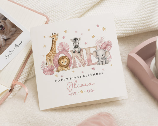 Personalised First Birthday Card, 1st Birthday Card for Girl, Daughter Granddaughter Niece, Safari Jungle Animal Birthday Card