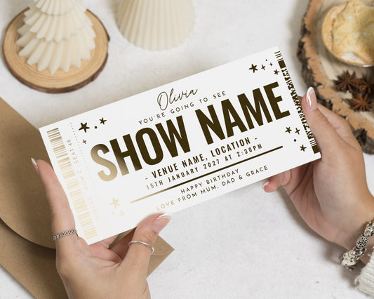 Personalised Concert Ticket Gift, Gold Foil Show Reveal, Birthday Gift For Her, Custom Theatre Ticket, Scratch To Reveal Experience