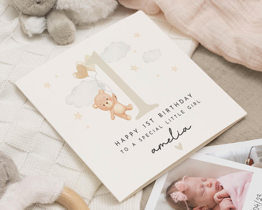 1st Birthday Card for Girl, Personalised First Birthday Card, Birthday Card for Daughter, Cute Bear Birthday Card, Baby Girl Birthday Card